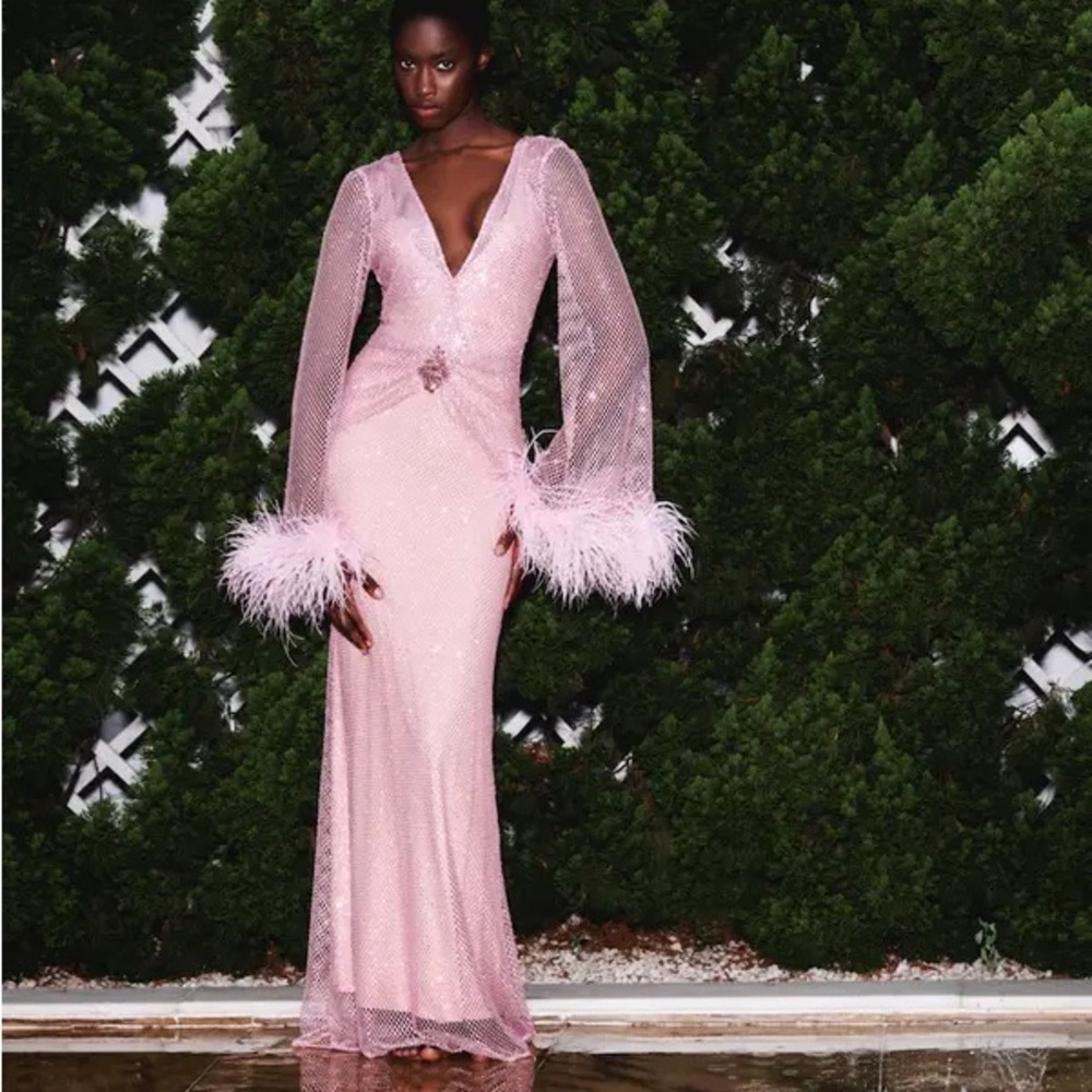 $3200PatBo Crystal and feather mesh dress in pink